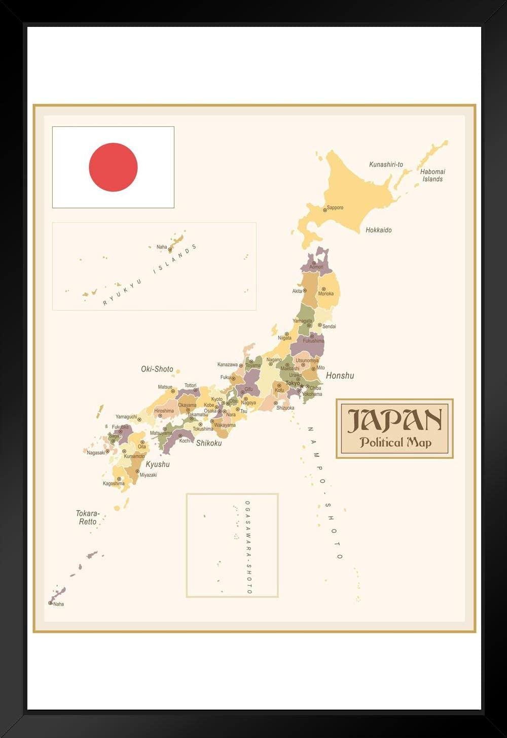 Japan Vintage Political Map Travel World Map with Cities in Detail Map Posters for Wall Map Art Wall Decor Geographical Illustration Tourist Travel Destinations Black Wood Framed Art Poster 14X20